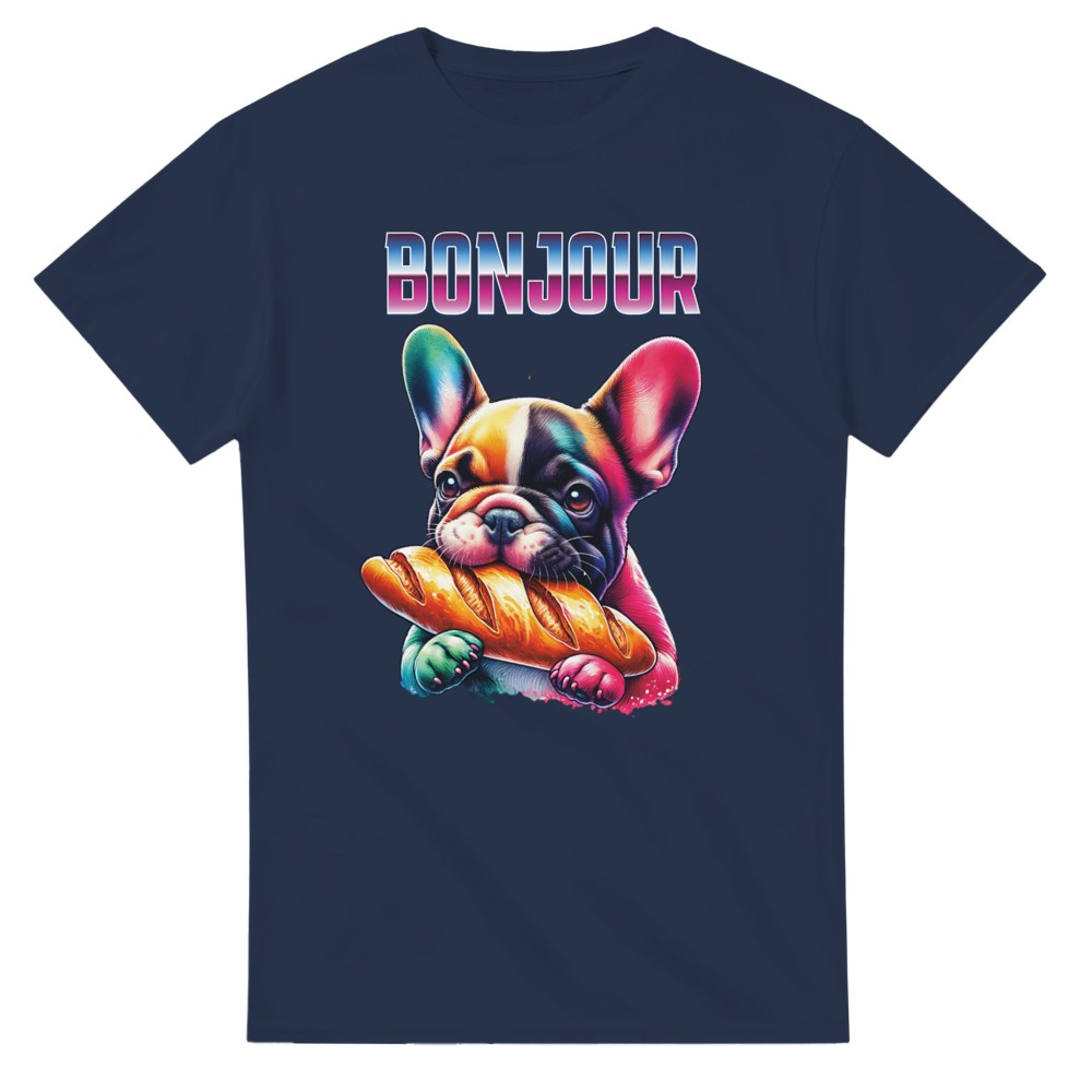 Cute t-shirt Frenchie bulldog eating baguette. Dog lover present. - Navy / S - T-shirt