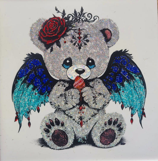 Cute Teddy Bear Engraved Tile with Sparkly Flakes – Adorable Home & Gift Decore - Teddy Nyxie with ice cream - Tiles
