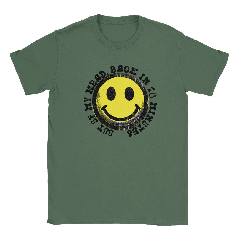 Happy Raver T-Shirt - Smiley Yellow Face with ’Out of My Head’ - Soft & Comfy Tee - Military Green / S - T-shirt