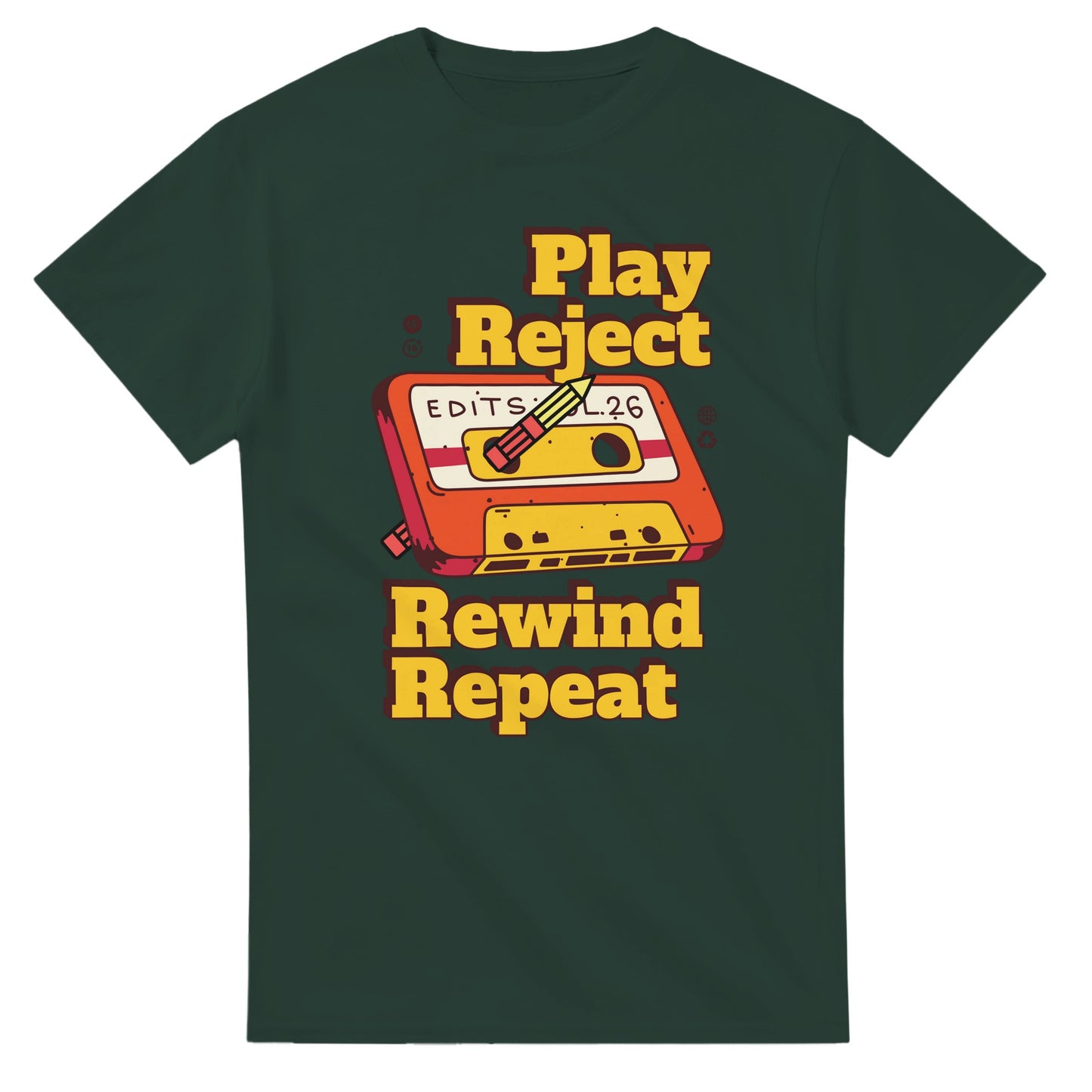 Retro Music Lovers T-Shirt - Play Reject Rewind Repeat - Vintage Audio Tee Funny cotton - Forest Green / S - Print