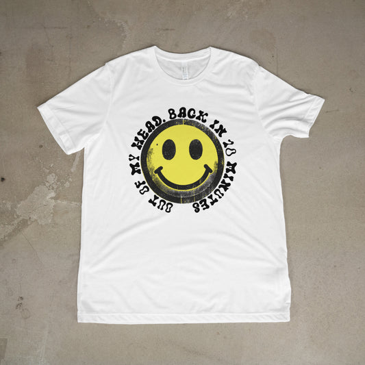 Happy Raver T-Shirt - Smiley Yellow Face with ’Out of My Head’ - Soft & Comfy Tee - T-shirt
