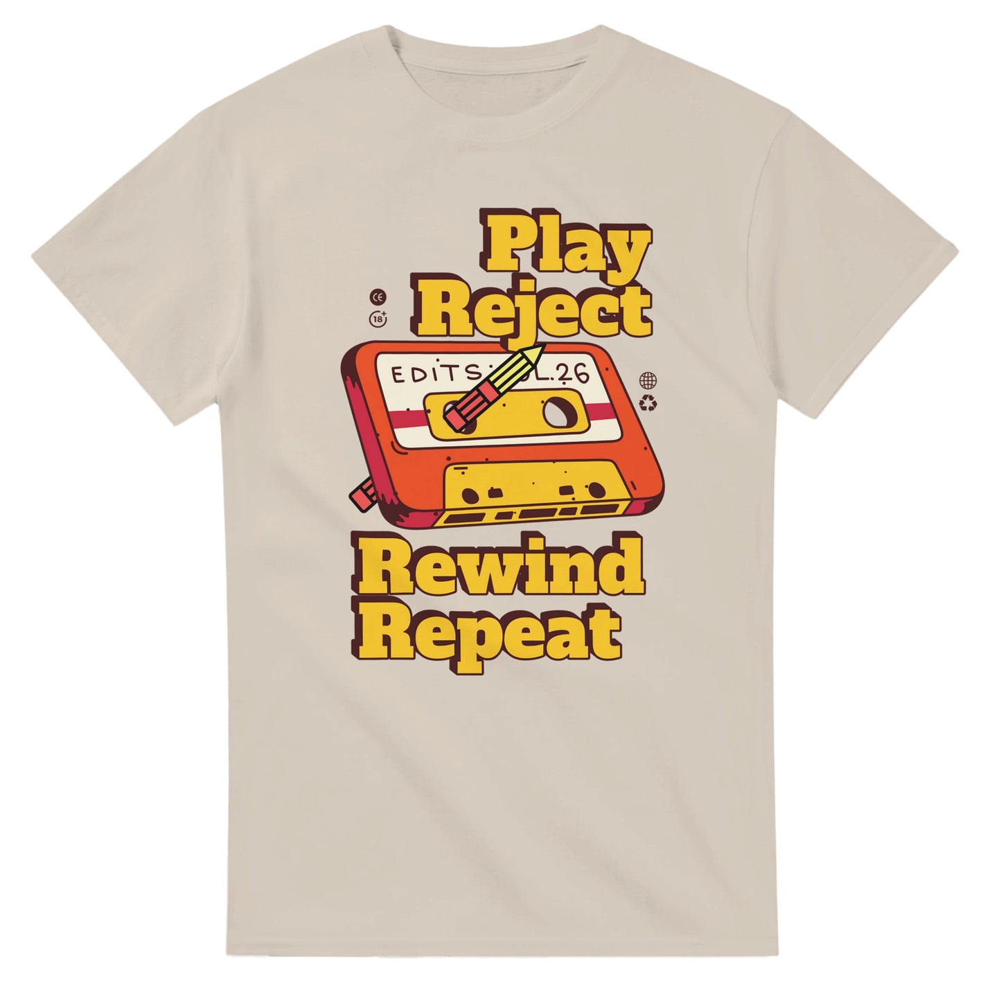 Retro Music Lovers T-Shirt - Play Reject Rewind Repeat - Vintage Audio Tee Funny cotton - Sand / S - Print Material