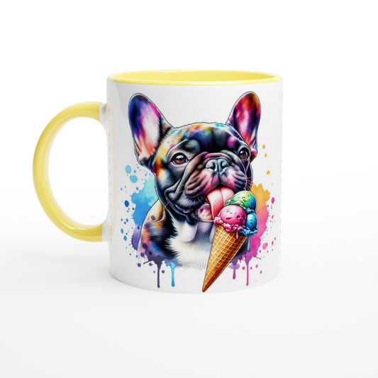 Cute Frenchie licking ice cream White 250ml Ceramic Mug with Colour Inside - Ceramic Yellow - Print Material