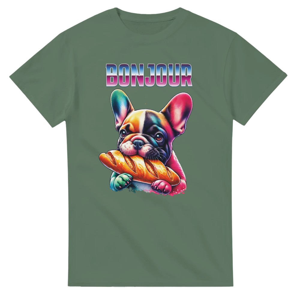 Cute t-shirt Frenchie bulldog eating baguette. Dog lover present. - Military Green / S - T-shirt