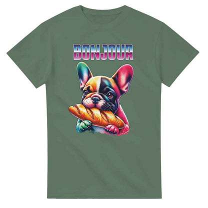 Cute t-shirt Frenchie bulldog eating baguette. Dog lover present.
