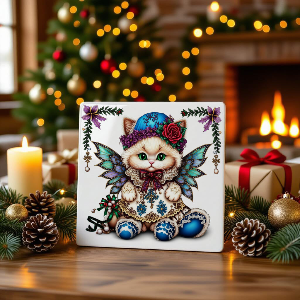 Fluffy Gothic Christmas Kitten Collection – T-Shirt Tile & Tote Bag - Tile / Kitty 2 - T-shirt