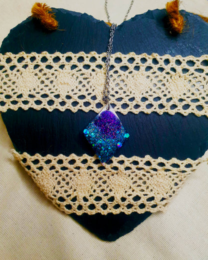 Purple & Teal Glitter Diamond Resin Necklace – Stainless Steel Chain - J & I Vision