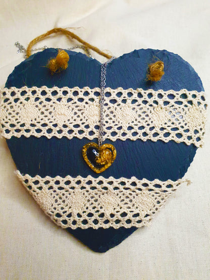 Black & Gold Glitter Heart Resin Necklace – Stainless Steel Chain - J & I Vision
