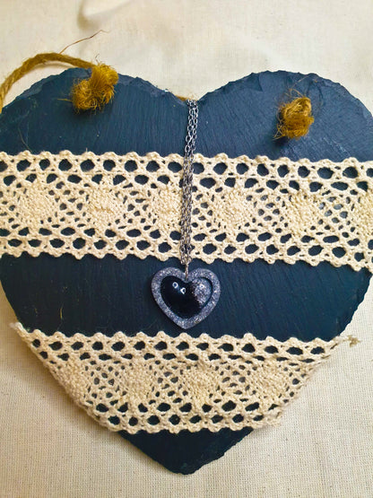 Black & Silver Glitter Heart Resin Necklace – Stainless Steel Chain - J & I Vision