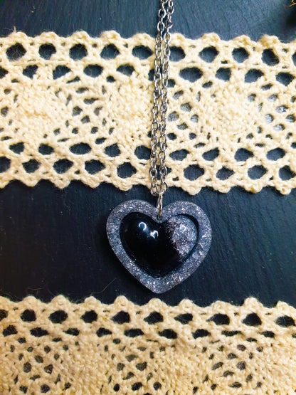 Black & Silver Glitter Heart Resin Necklace – Stainless Steel Chain - J & I Vision