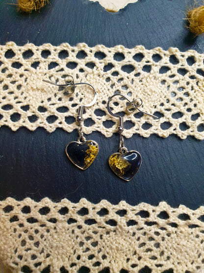 Black & Gold Glitter Heart Resin Earrings – Stainless Steel Hooks - J & I Vision