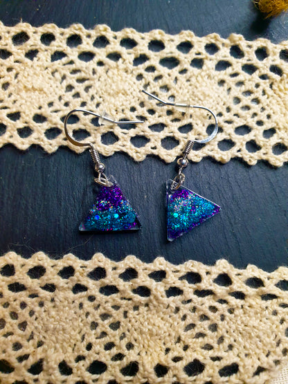 Teal & Purple Glitter Triangle Resin Earrings - J & I Vision