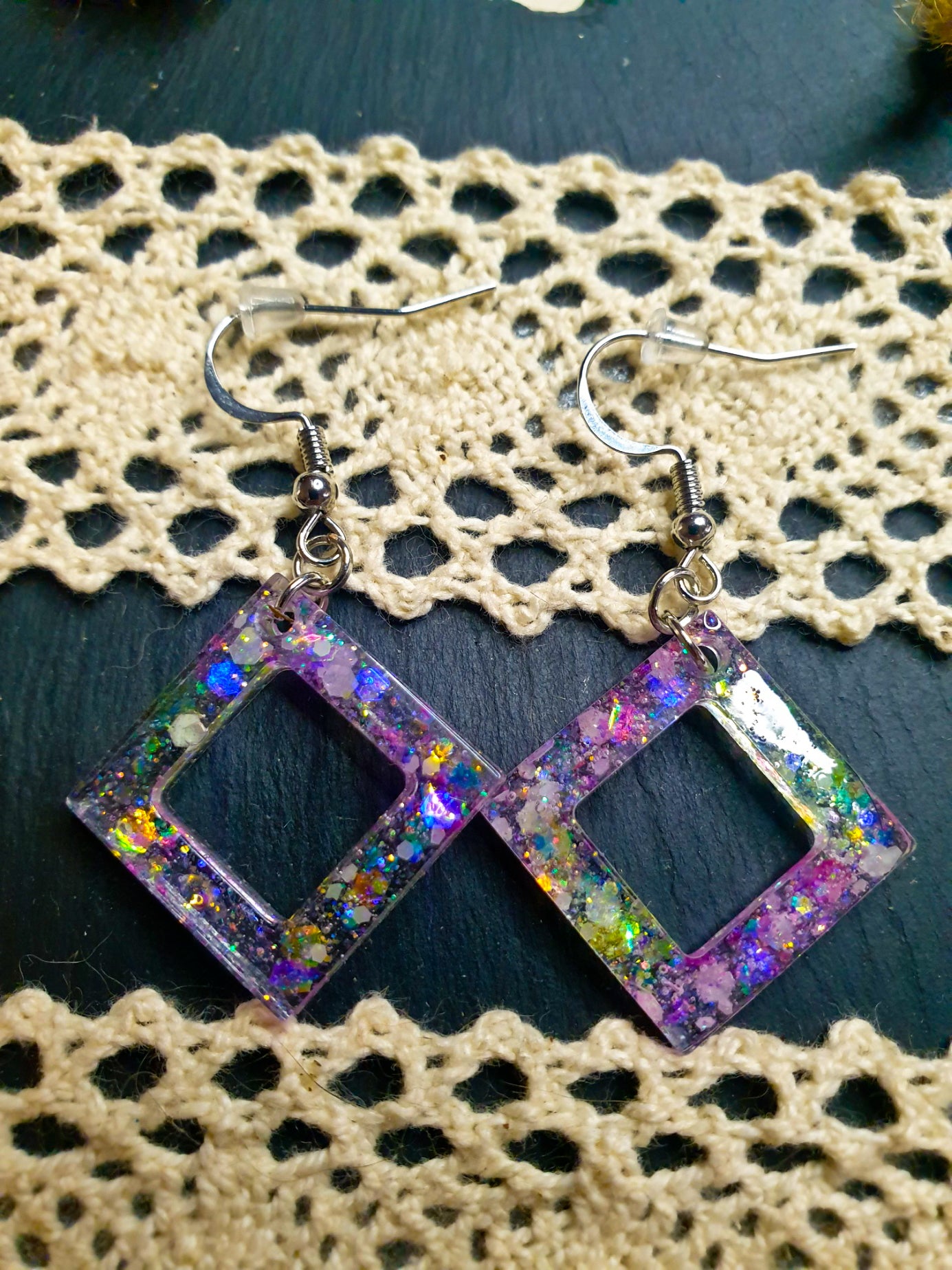Pink & Yellow Holographic Glow-in-the-Dark Diamond Resin Earrings – Stainless Steel Hooks