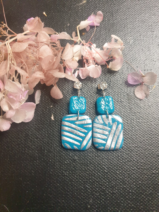 Teal & Silver Stripe Clay Dangle Earrings