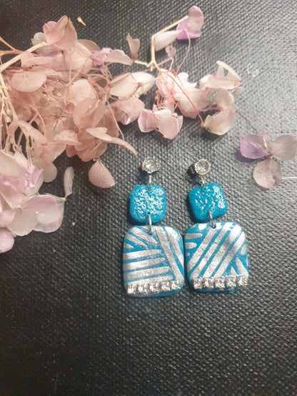 Teal & Silver Stripe Clay Dangle Earrings II - J & I Vision