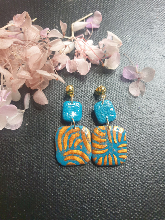 Teal & Gold Swirl Clay Dangle Earrings