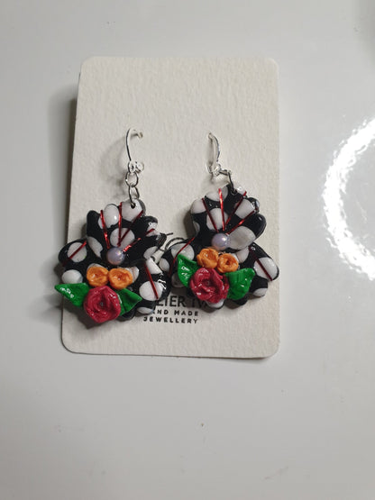 Spanish Floral Polymer Clay Dangle Earrings 1 off - J & I Vision