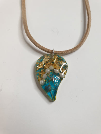 Teal & Gold Resin Leaf Necklace - J & I Vision