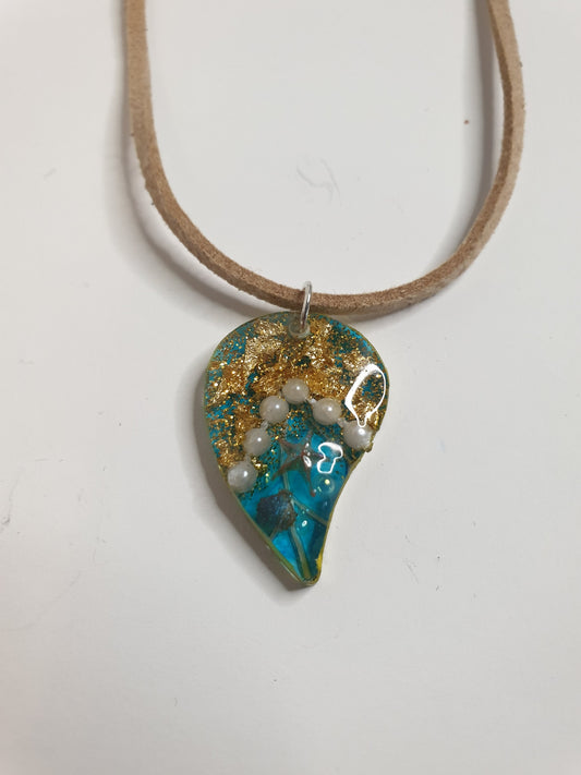 Teal & Gold Resin Leaf Necklace
