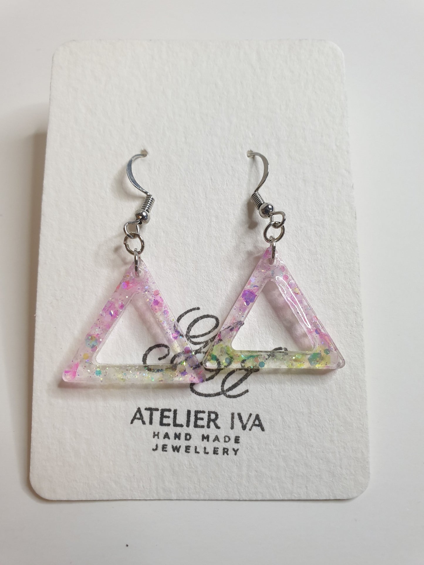 Pink and Yellow Iridescent Glow-in-the-Dark Triangle Earrings