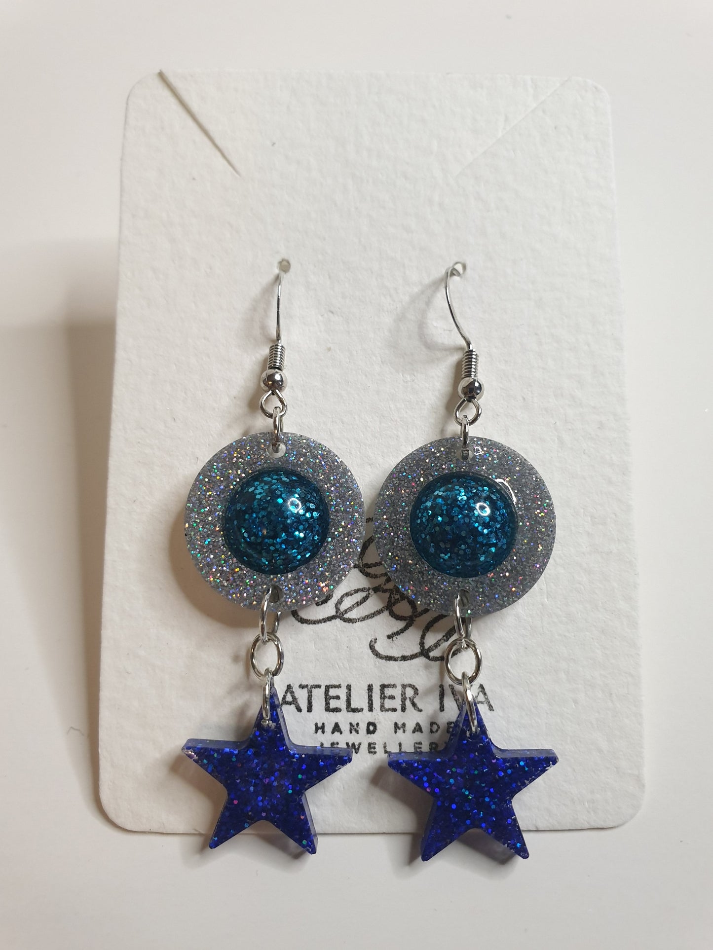 Blue Glitter Star & Circle Resin Earrings – Stainless Steel Hooks