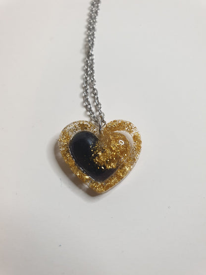 Black & Gold Glitter Heart Resin Necklace – Stainless Steel Chain - J & I Vision