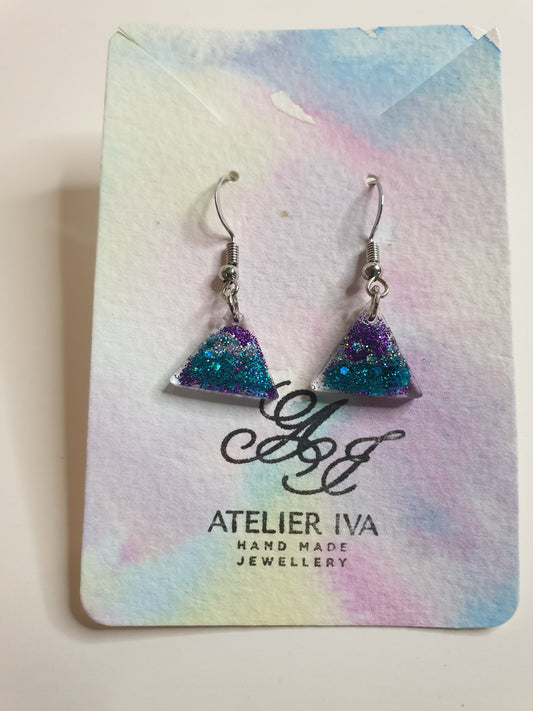 Teal & Purple Glitter Triangle Resin Earrings