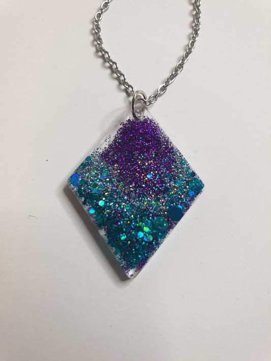 Purple & Teal Glitter Diamond Resin Necklace – Stainless Steel Chain