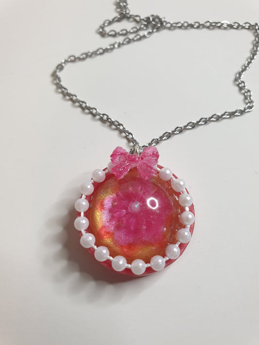 Pink Resin Pearl & Bow Necklace