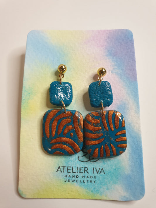 Teal & Gold Swirl Clay Dangle Earrings