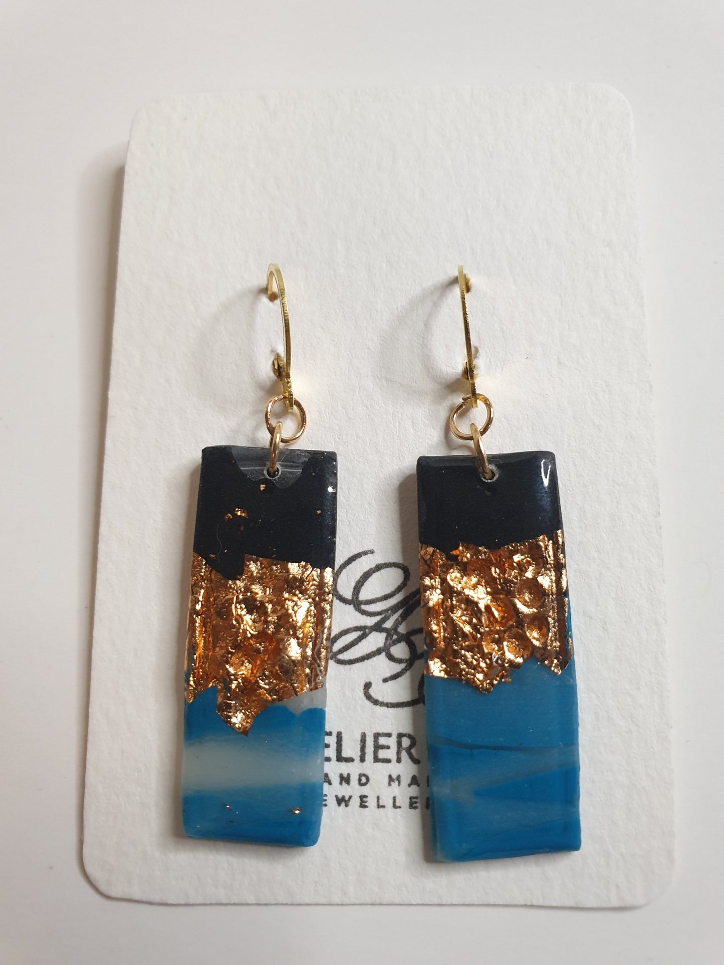 Black Teal & Gold Foil Clay Dangle Earrings