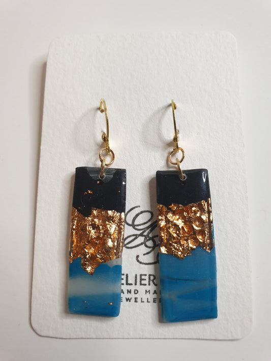 Black Teal & Gold Foil Clay Dangle Earrings