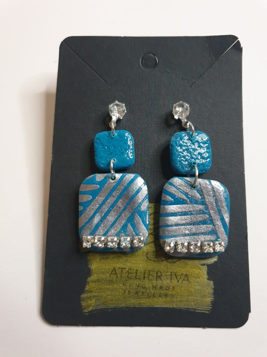 Teal & Silver Stripe Clay Dangle Earrings II
