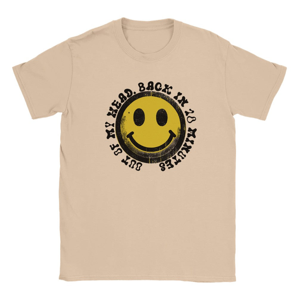 Happy Raver T-Shirt - Smiley Yellow Face with ’Out of My Head’ - Soft & Comfy Tee - Natural / S - T-shirt