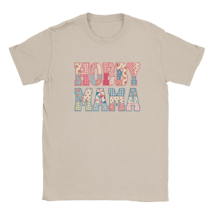 Hobby Mama Shirt, Faux Patchwork Mama Tee, Quilted Letter Graphic Shirt, Floral Patchwork Top, Gift for Crafty Mom, Sand
