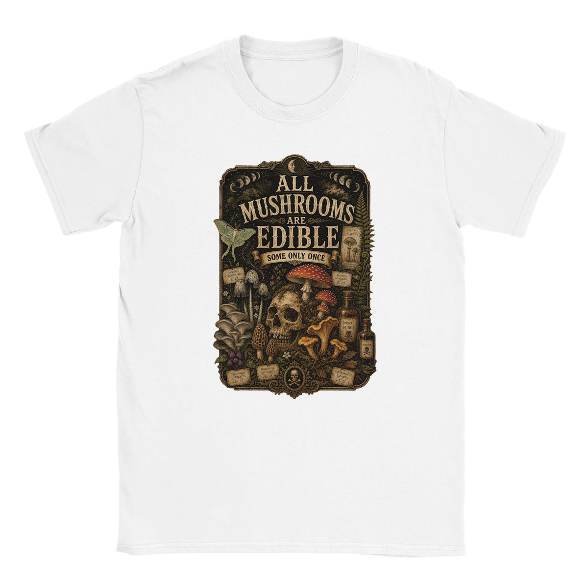 Dark academia mushroom lover T-shirt with vintage natural history style graphic. White