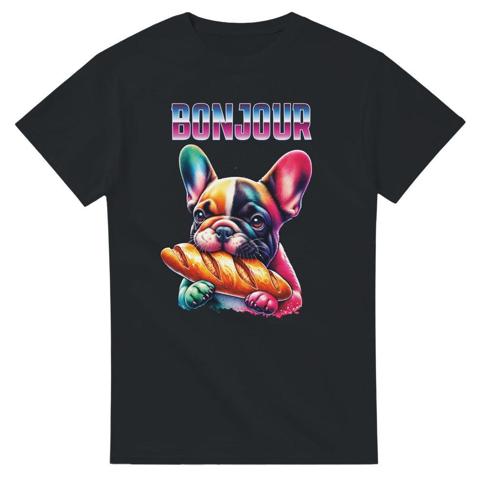 Cute t-shirt Frenchie bulldog eating baguette. Dog lover present. - Black / S - T-shirt