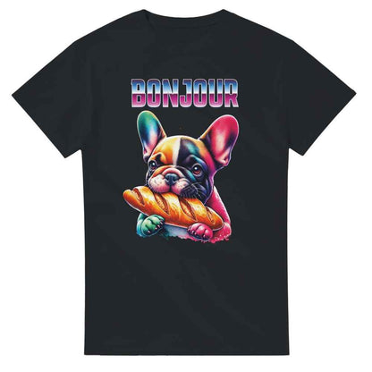 Cute t-shirt Frenchie bulldog eating baguette. Dog lover present.