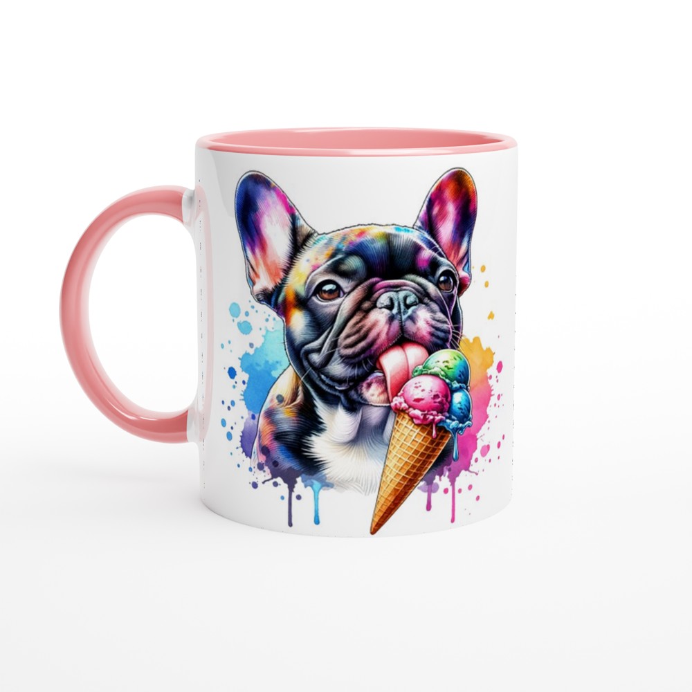 Cute Frenchie licking ice cream White 250ml Ceramic Mug with Colour Inside - Ceramic Pink - Print Material