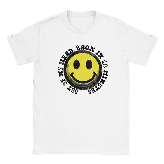 Happy Raver T-Shirt - Smiley Yellow Face with ’Out of My Head’ - Soft & Comfy Tee - White / S - T-shirt