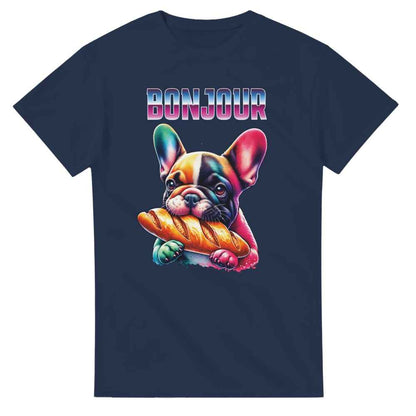 Cute t-shirt Frenchie bulldog eating baguette. Dog lover present.
