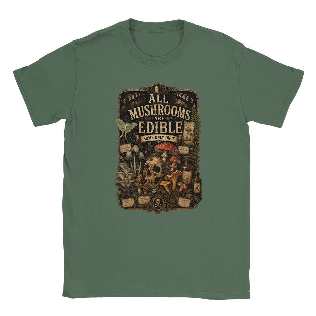 Dark academia mushroom lover T-shirt with vintage natural history style graphic. Graphic
