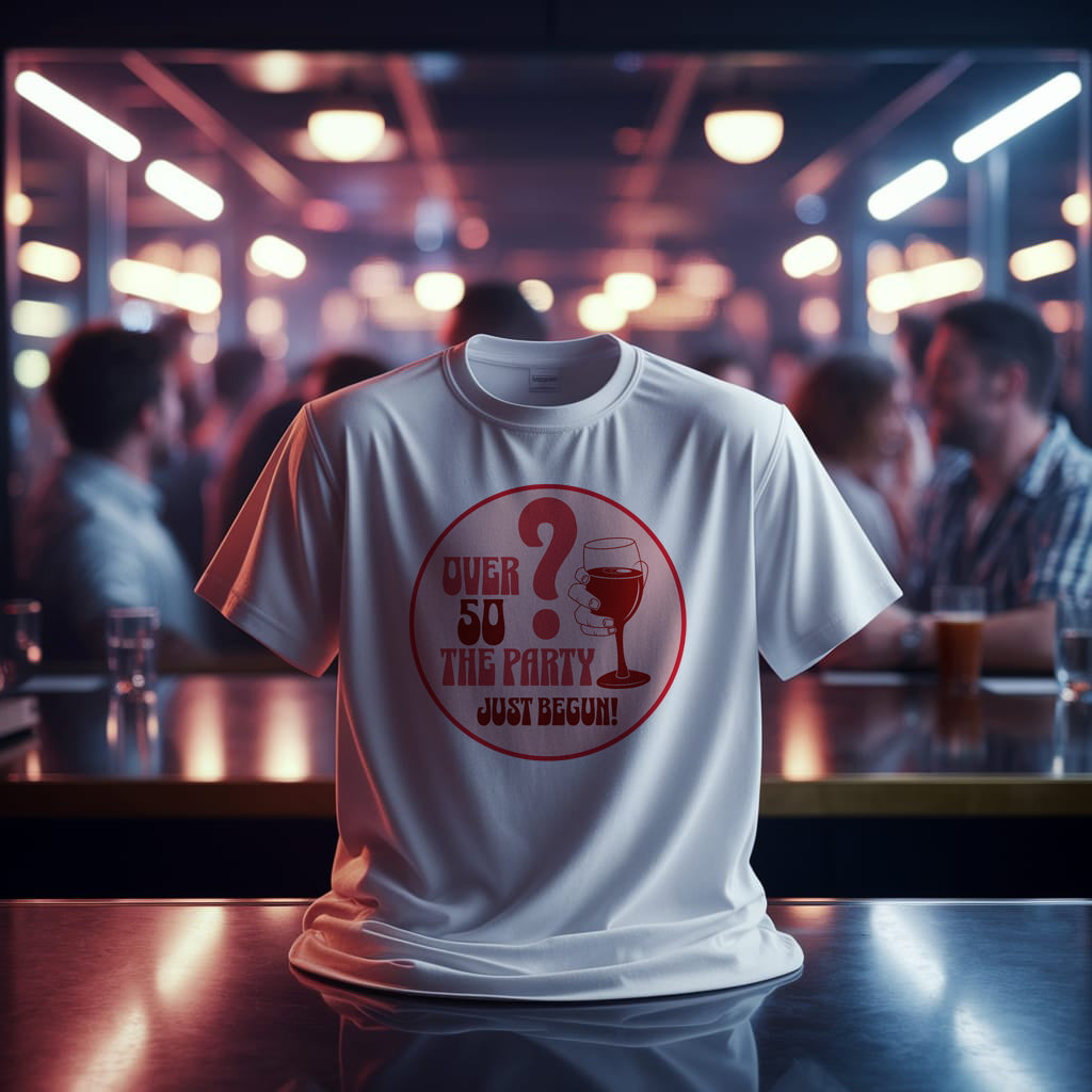 Over 50? The Party Just Begun! | Fun T-Shirt for Celebrating Life - Print Material