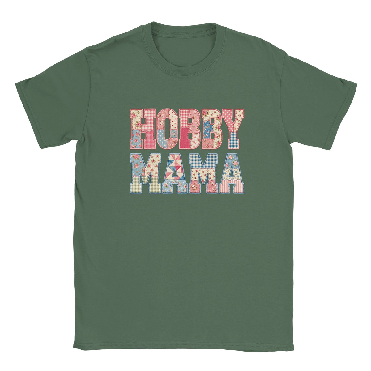 Hobby Mama Shirt, Faux Patchwork Mama Tee, Quilted Letter Graphic Shirt, Floral Patchwork Top, Gift for Crafty Mom, Green