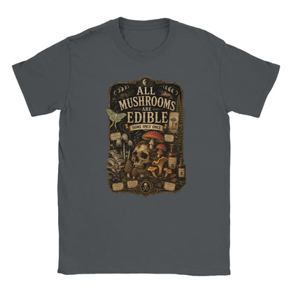 Dark academia mushroom lover T-shirt with vintage natural history style graphic. Dark Grey