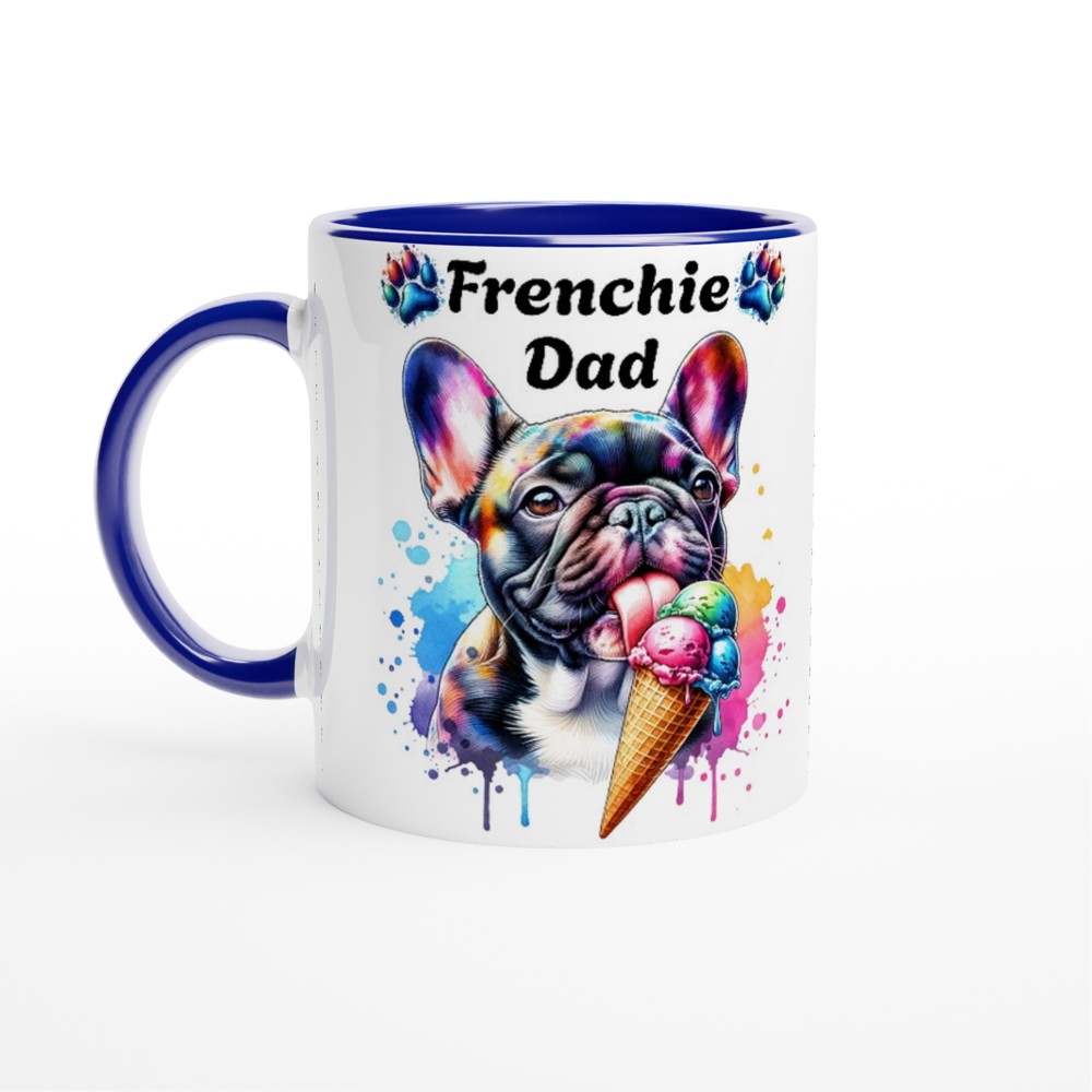 Frenchie dad ceramic mug with cute French Bulldog licking ice cream - Ceramic Blue - Print Material