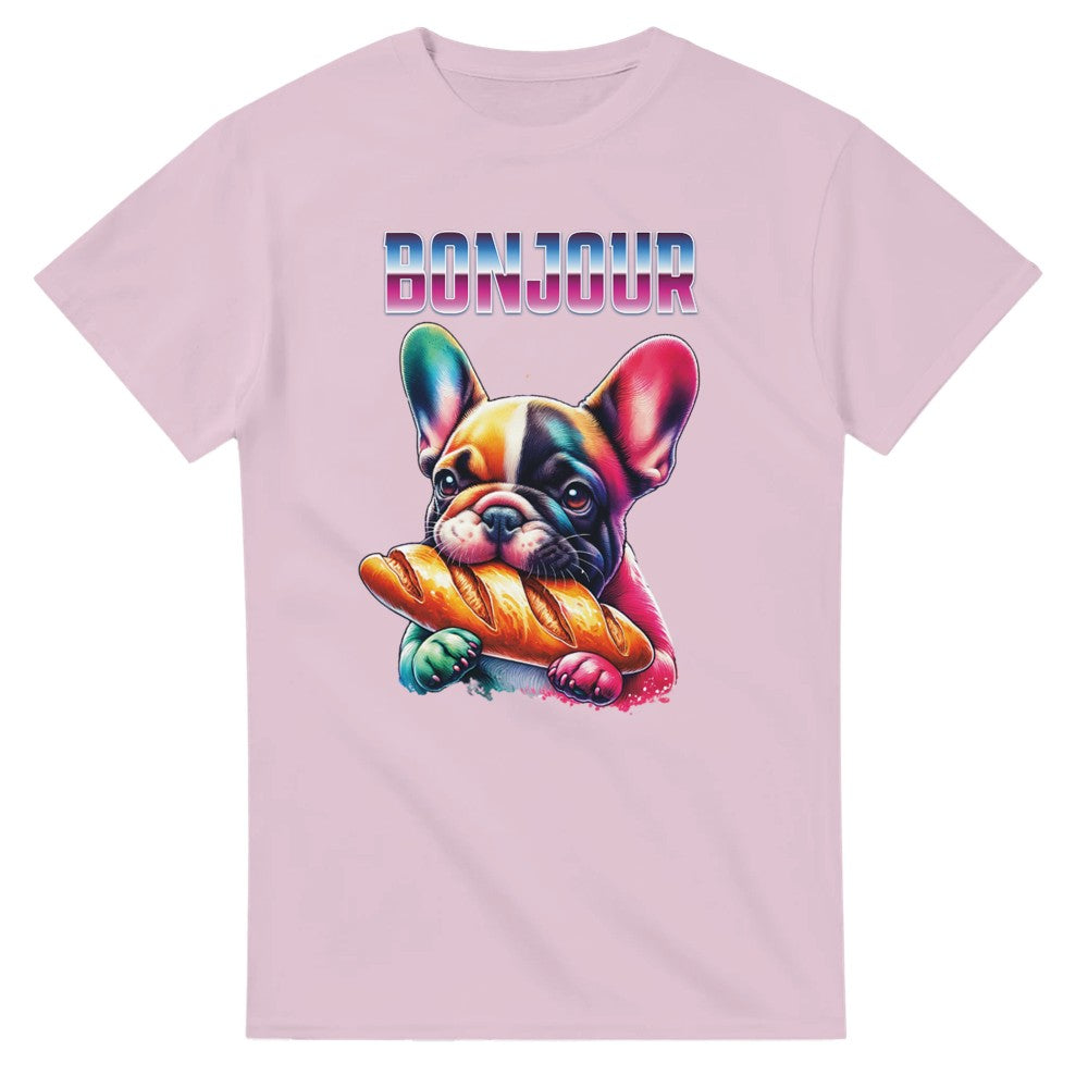 Cute t-shirt Frenchie bulldog eating baguette. Dog lover present. - Light Pink / S - T-shirt