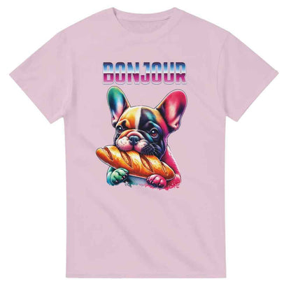 Cute t-shirt Frenchie bulldog eating baguette. Dog lover present.