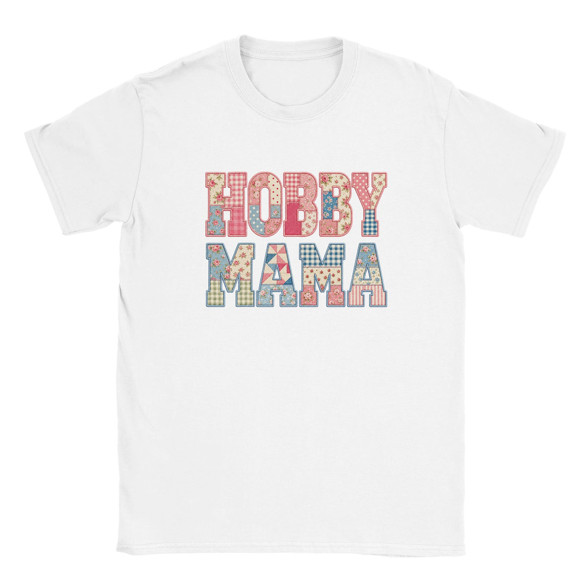 Hobby Mama Shirt, Faux Patchwork Mama Tee, Quilted Letter Graphic Shirt, Floral Patchwork Top, Gift for Crafty Mom, White
