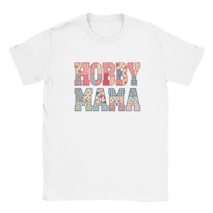 Hobby Mama Shirt, Faux Patchwork Mama Tee, Quilted Letter Graphic Shirt, Floral Patchwork Top, Gift for Crafty Mom, White